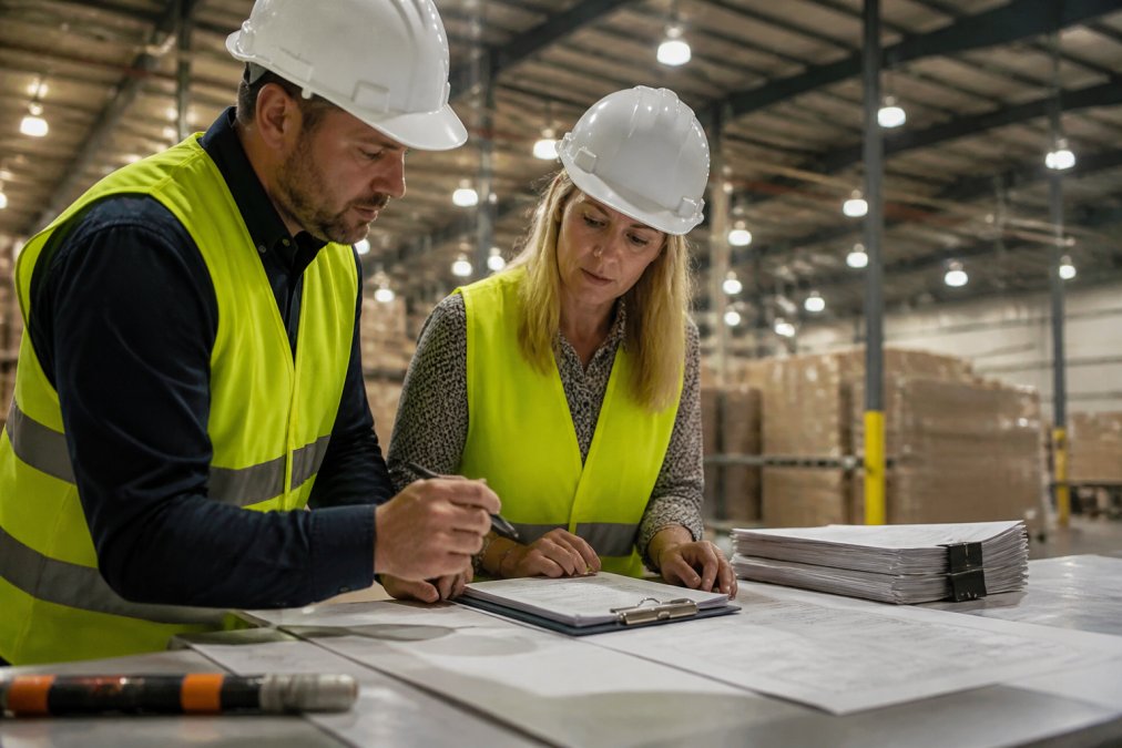 Facility manager and energy consultant reviewing commercial LED lighting rebate documents in a warehouse.