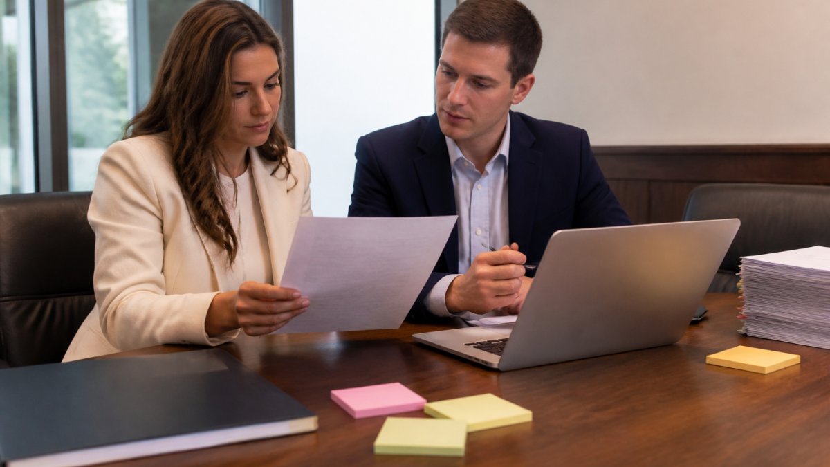 Two lending analysts in business attire reviewing a printed vendor scorecard and laptop on a conference table, sticky notes and a document stack beside them