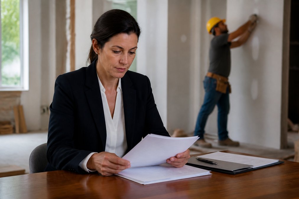 Small business owner in professional attire reviewing insurance documents at desk while contractor in hard hat works on renovation in background, natural office lighting