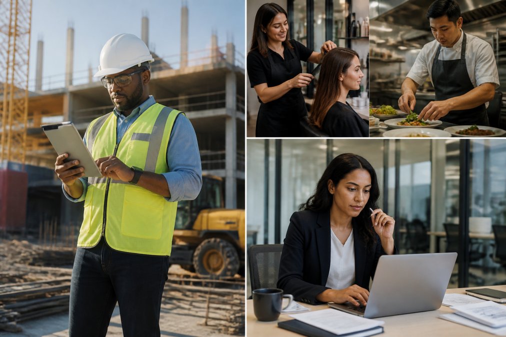 Diverse group of business professionals in their work environments, construction worker in hard hat at job site, salon owner styling client's hair, restaurant manager in kitchen, consultant at desk with laptop, showing different industries