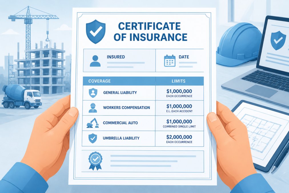 Close-up of hands holding a printed certificate of insurance document with a construction site or office desk visible in the background, showing professional documentation in a business setting