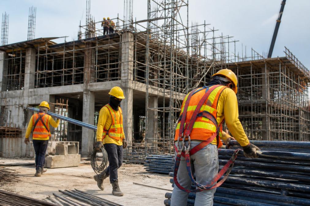 Construction site with workers in safety gear and hard hats engaged in active building work, with potential hazards like scaffolding and equipment visible in the background