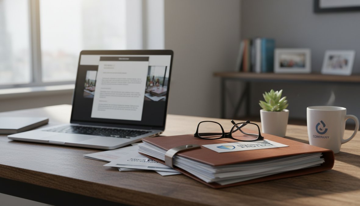A small business owner sitting at a desk reviewing insurance documents with a laptop open, coffee nearby, in a well-lit independent shop or office setting