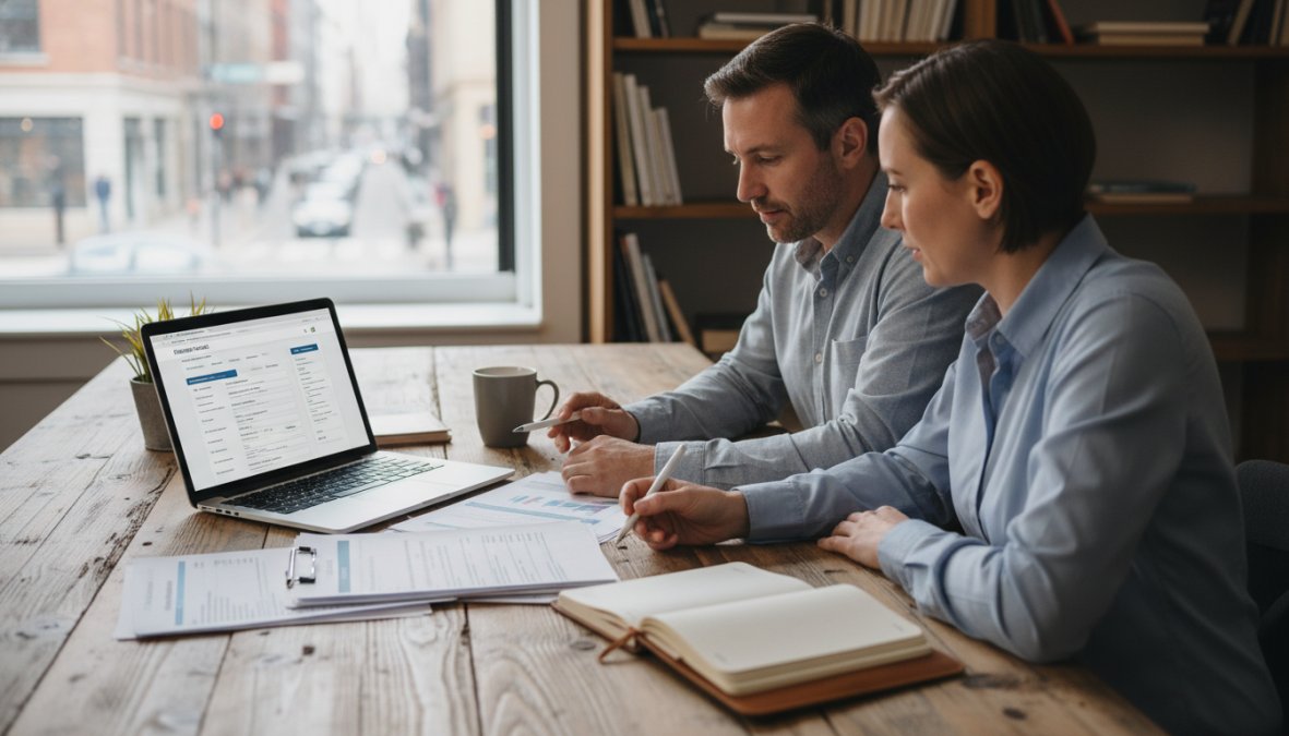 A professional insurance agent sitting across from a small business owner at a table, both looking at documents and a laptop screen, engaged in a consultation in a bright modern office