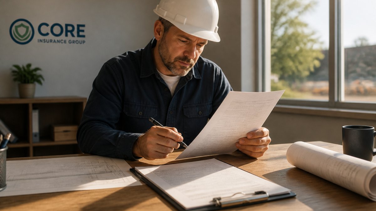 Small business owner in a hard hat reviewing surety bond documents alongside commercial liability paperwork