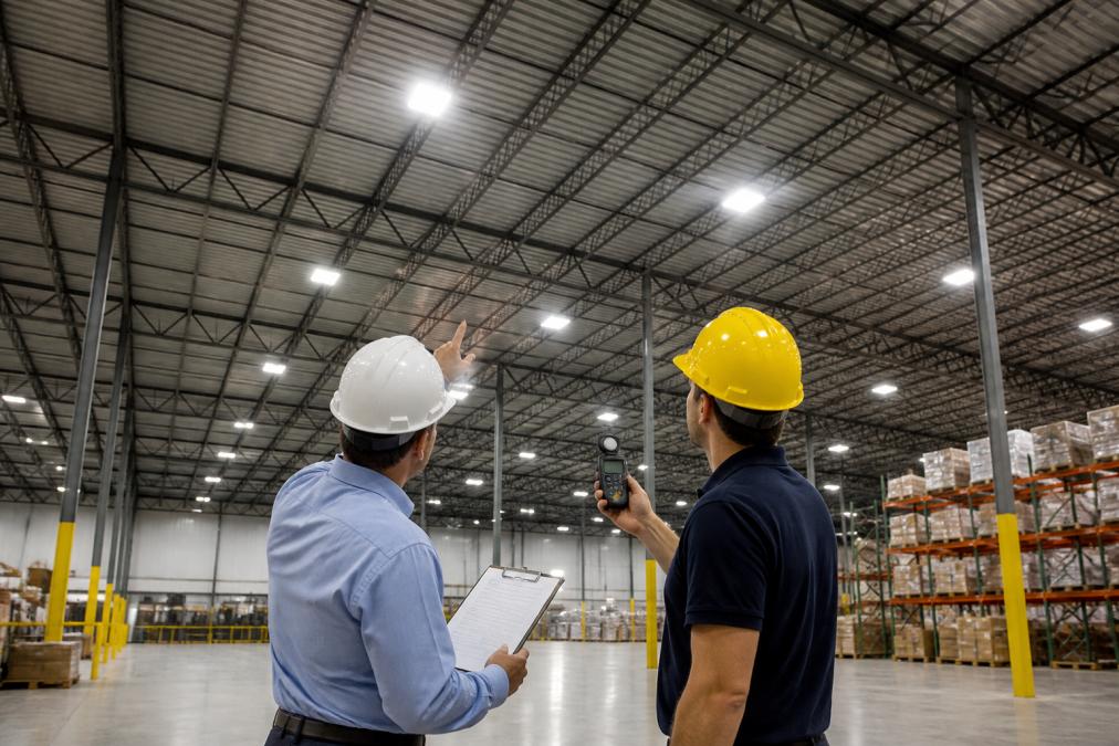Facility manager and professional auditor walking through warehouse interior, using clipboard and light meter device to assess high-bay overhead lighting fixtures mounted 30+ feet above concrete floor, with industrial ceiling structure visible
