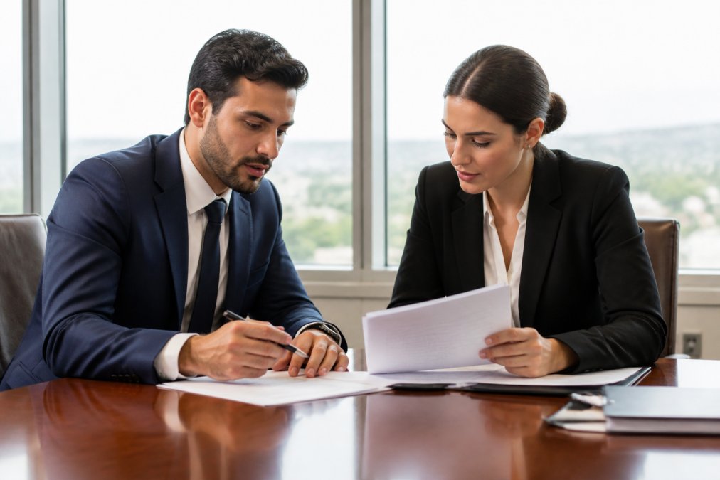 Two business professionals in suits reviewing legal documents and a contract across a conference table in a bright, modern law office with large windows