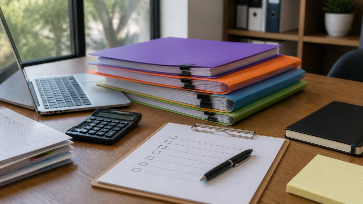 Professional organizing a commercial loan application document checklist in color-coded folders on a desk.