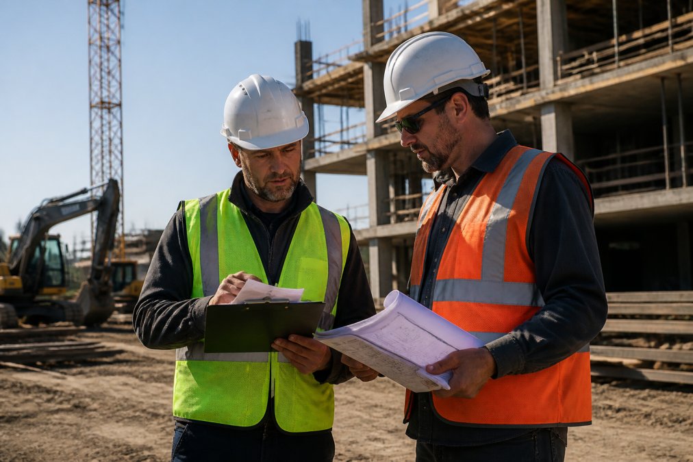 Construction site manager reviewing project progress with clipboard and blueprints, discussing next phase with contractor in bright daylight on active job site
