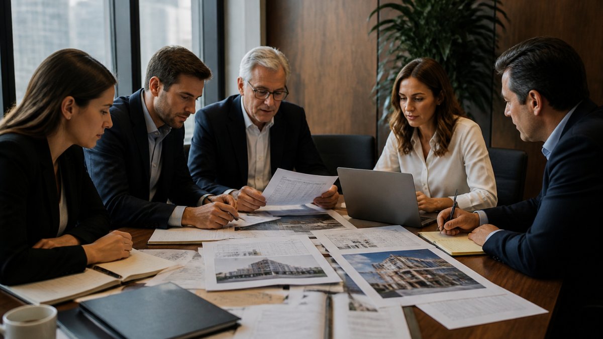 A group of loan officers and credit analysts seated around a conference table reviewing financial documents and property reports, with a laptop and printed spreadsheets in view, in a professional boardroom with natural light