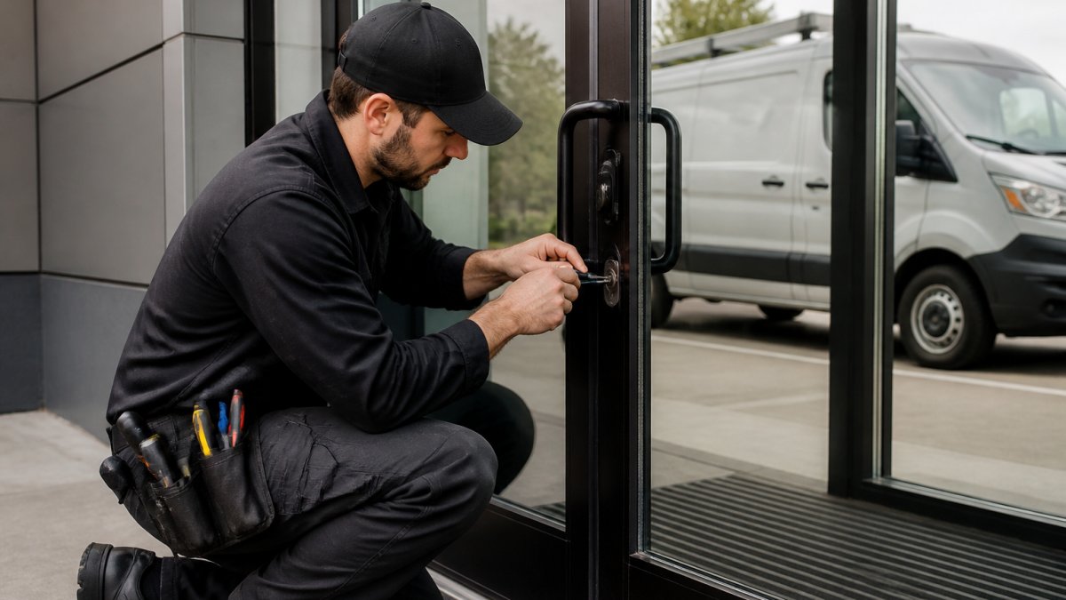 A professional locksmith in uniform kneeling at a glass commercial entry door, using hand tools on a metal lock cylinder, with a service van visible through the glass in the background