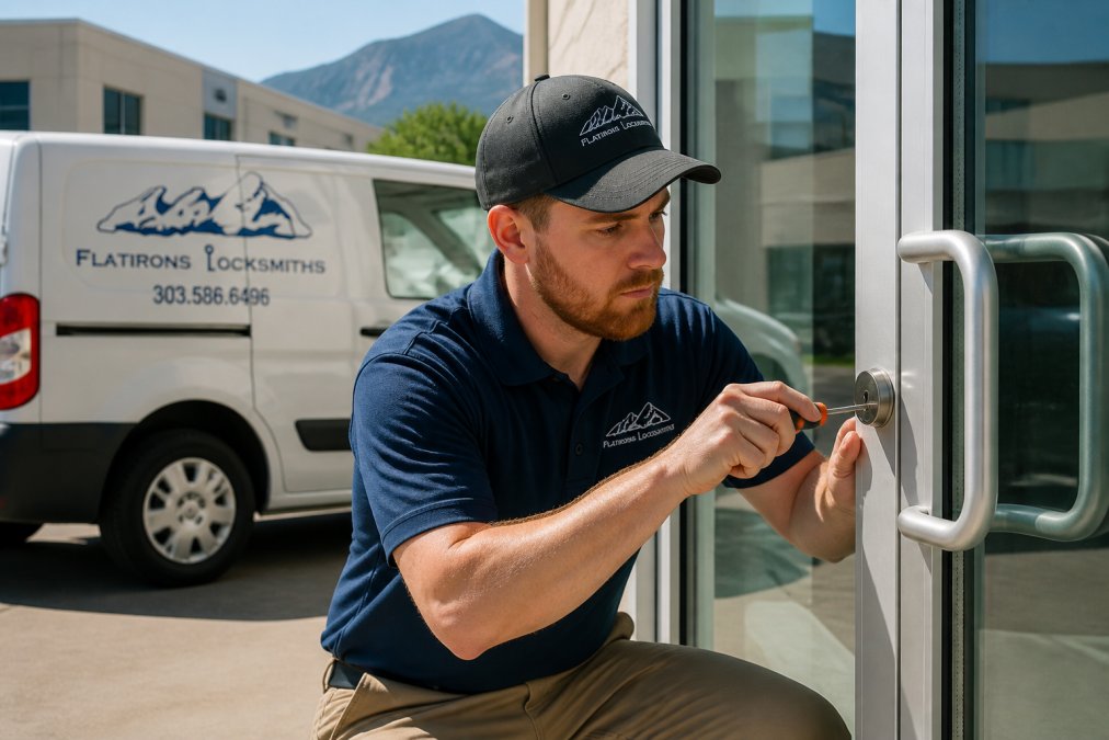 Commercial locksmith in uniform installing a deadbolt on a glass storefront door with a service van parked outside