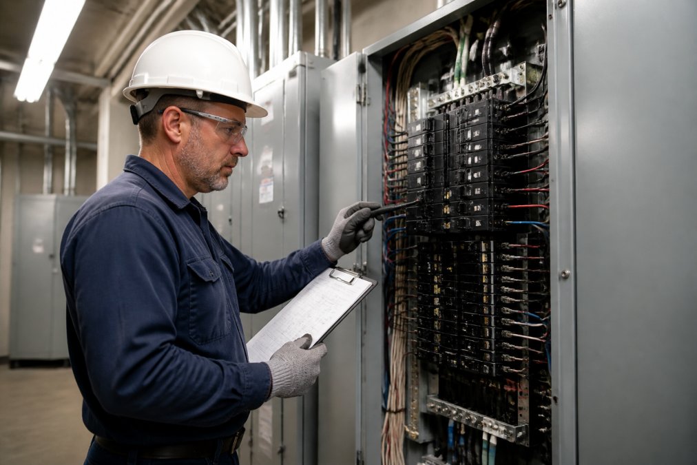 Licensed electrician performing routine inspection of electrical panel in a commercial building, clipboard in hand, checking wiring and connections, bright fluorescent lighting overhead