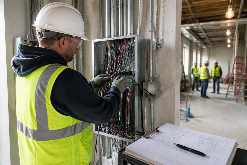 Commercial renovation site showing electrical wiring installation with safety equipment, hard hats, and code compliance documentation visible on clipboard, workers in background