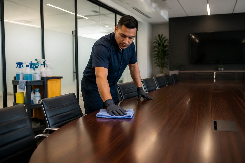A professional janitor in a navy uniform wiping down a long conference room table with a microfiber cloth, a stocked cleaning cart with spray bottles and commercial-grade supplies visible in the background under bright overhead lighting