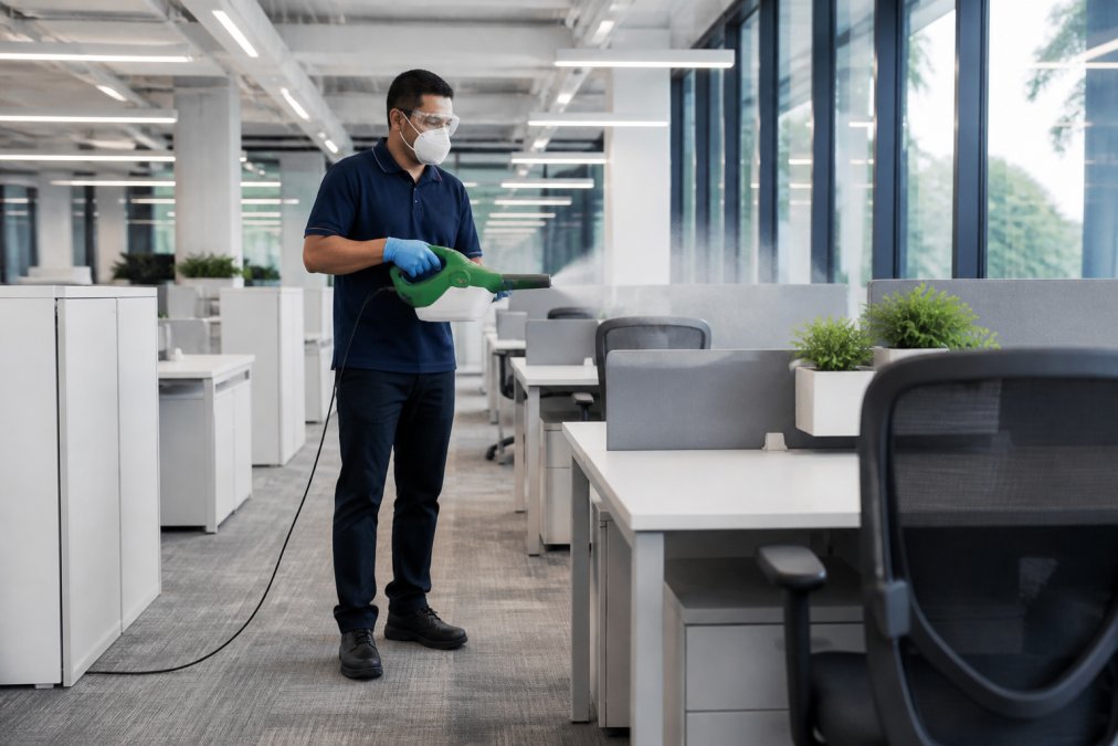 A cleaning technician in protective gloves and a branded uniform operating an electrostatic sprayer across rows of workstations in a bright, modern open-plan office with floor-to-ceiling windows