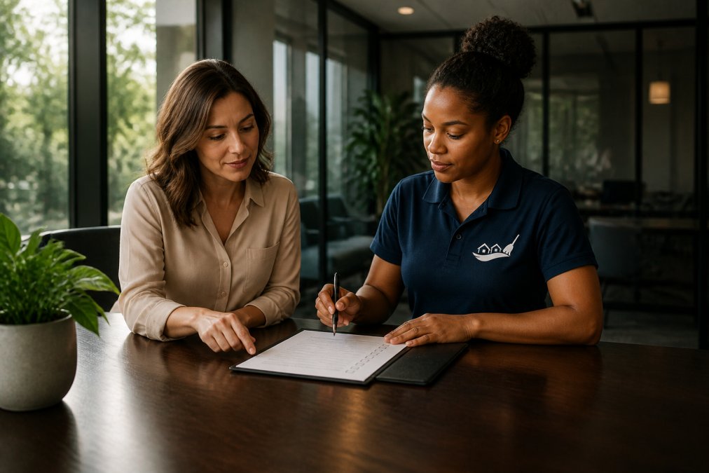 Office manager in business casual attire meeting with professional cleaner in uniform at conference table, reviewing cleaning proposal with checklist, natural office lighting
