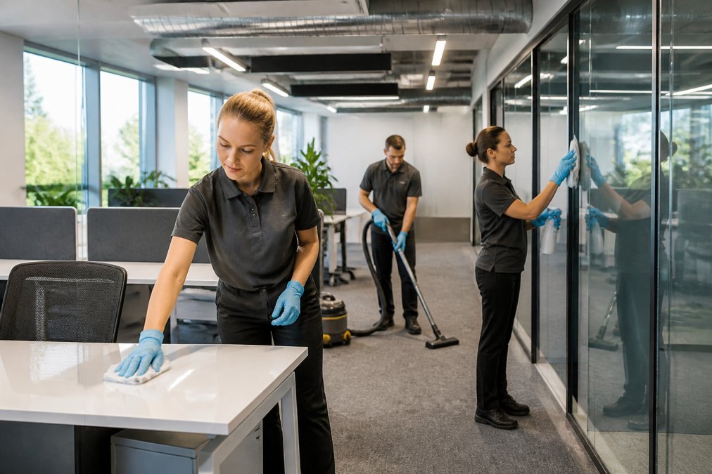 Professional cleaning team in uniform using microfibre cloths and modern equipment to sanitise desks and glass partitions in a modern open-plan office with natural lighting