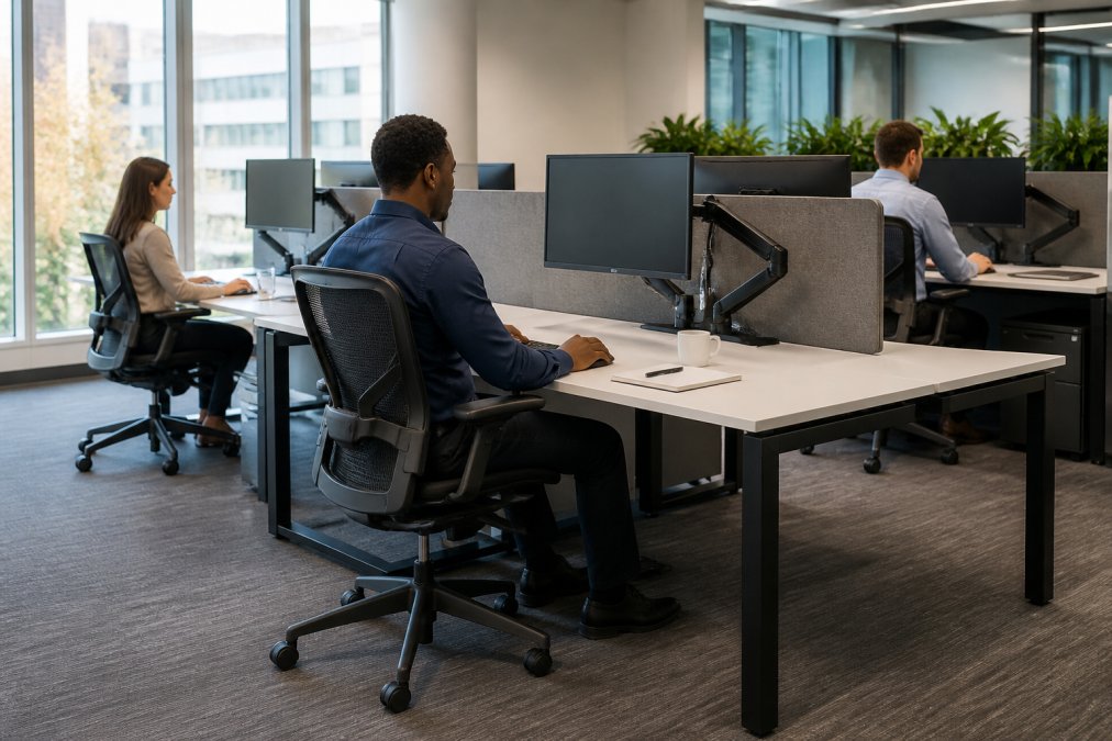 Professional office environment showing multiple ergonomic workstations with adjustable chairs, monitor arms, and proper desk height, natural daylight from windows, employees seated with correct posture at spaced desks