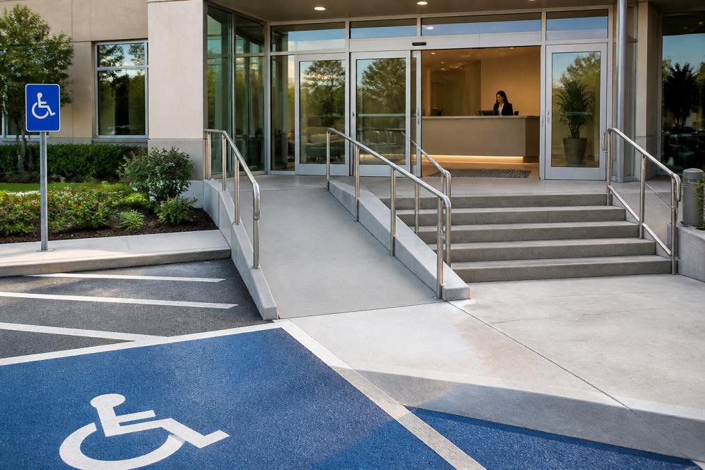 Modern office entrance featuring a smooth wheelchair ramp alongside stairs, wide automatic glass doors, accessible parking spaces clearly marked nearby, and accessible reception desk with lowered counter section