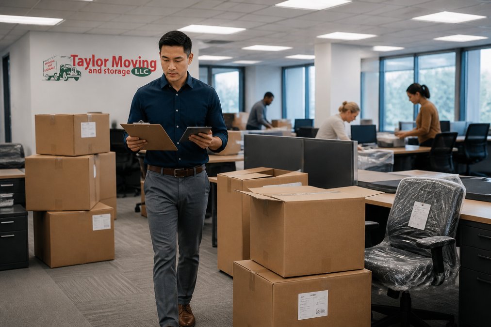 Project lead with a clipboard checking boxes and furniture during an office relocation process