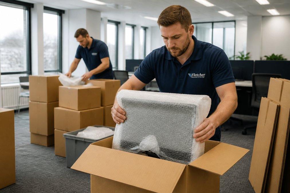 Professional movers in branded uniforms carefully wrapping office computer monitors with protective padding and placing them into sturdy moving boxes inside a modern, brightly lit office space