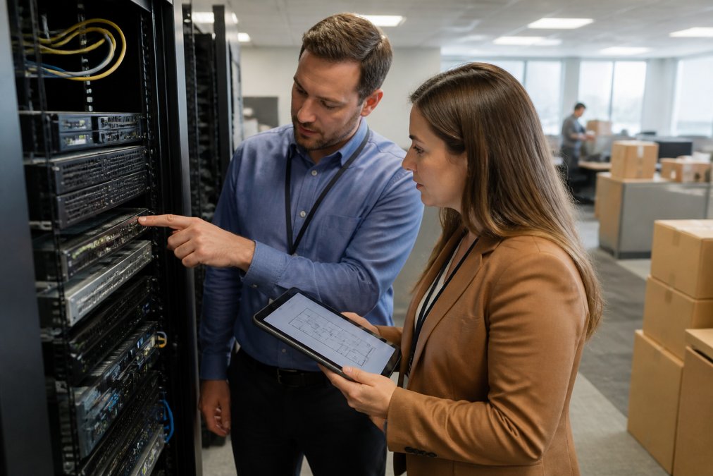 An IT professional and a move coordinator reviewing server rack labels and a floor plan on a tablet inside a busy office during the planning phase
