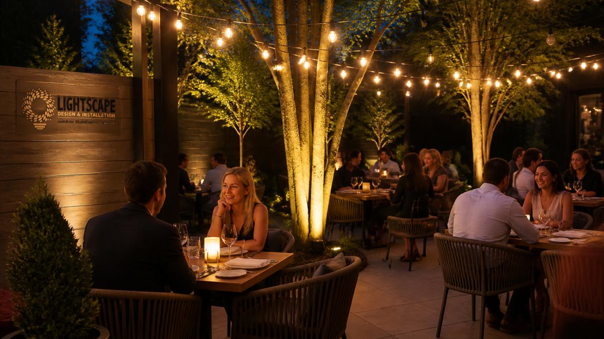 Upscale restaurant patio at dusk with warm string lights overhead, soft accent lighting illuminating tree trunks, and intimate ambient glow on dining tables with guests seated and enjoying dinner