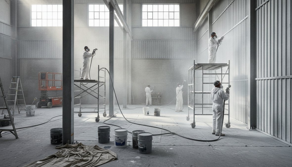 Professional painters in safety gear applying spray coating to a large commercial building interior wall, with scaffolding and industrial lighting overhead, bright and clean facility environment