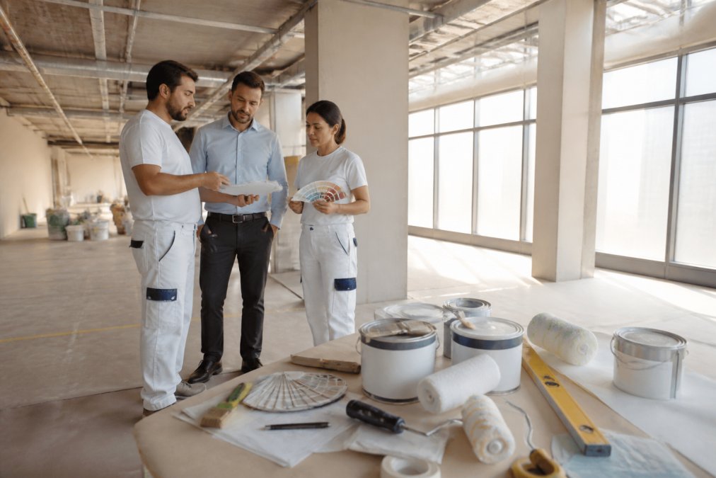 Professional painters and project manager inspecting a large commercial office space with clipboards, measuring equipment, and paint colour samples, discussing project scope with a business owner