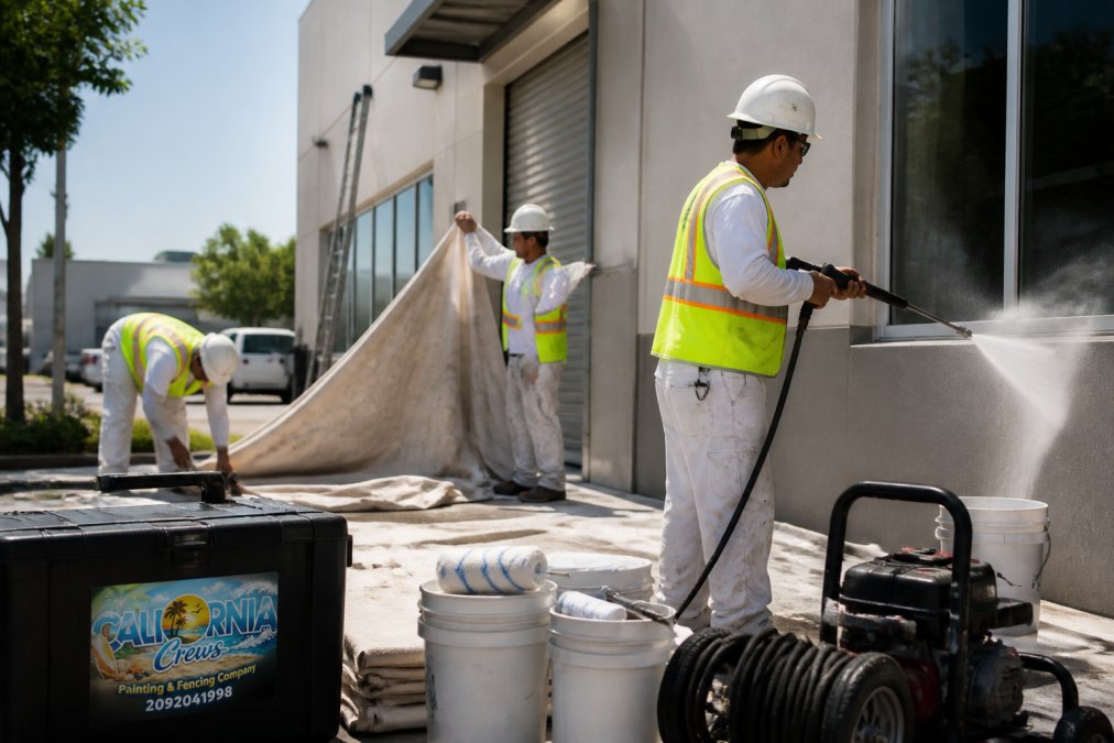 A professional painting crew in safety gear prepping a commercial building exterior with power washing equipment and drop cloths in a Central Valley industrial area