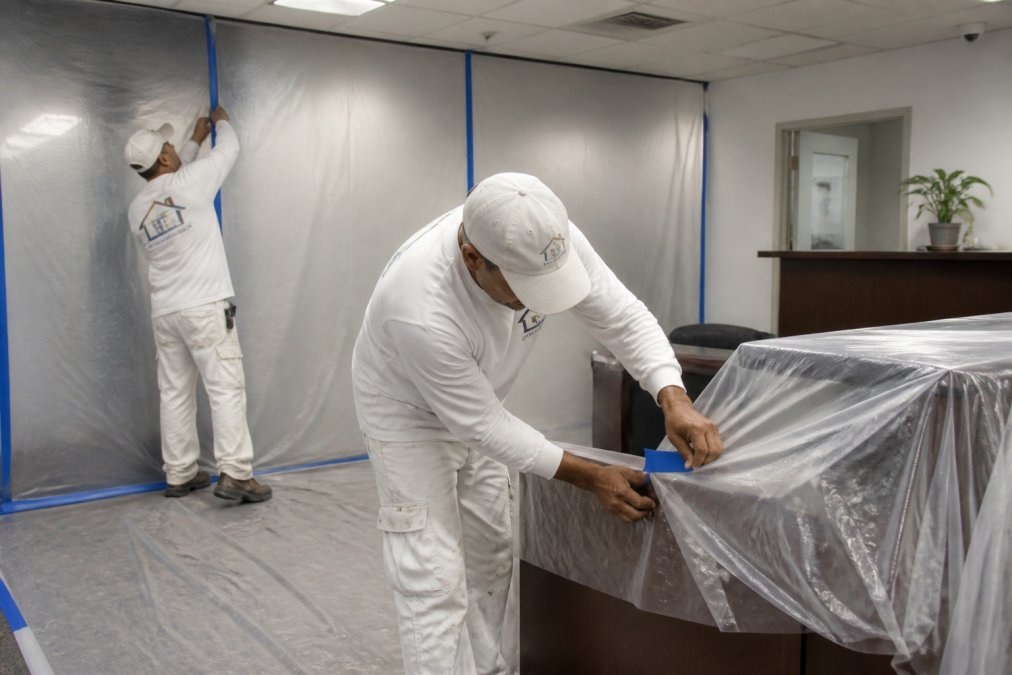 Painters installing protective barriers for commercial painting during business hours in an office space