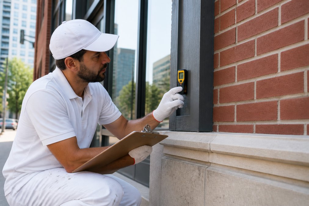 A professional painter in a branded uniform inspecting the exterior trim of a commercial building in Toronto, using a moisture meter and a clipboard, with a brick facade visible