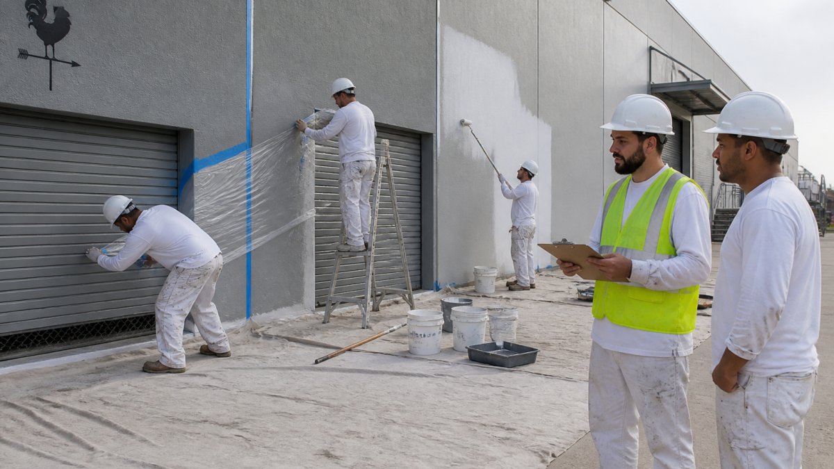 Professional painting crew in safety gear and hard hats preparing a commercial warehouse exterior with drop cloths and equipment, supervisor reviewing project scope on clipboard