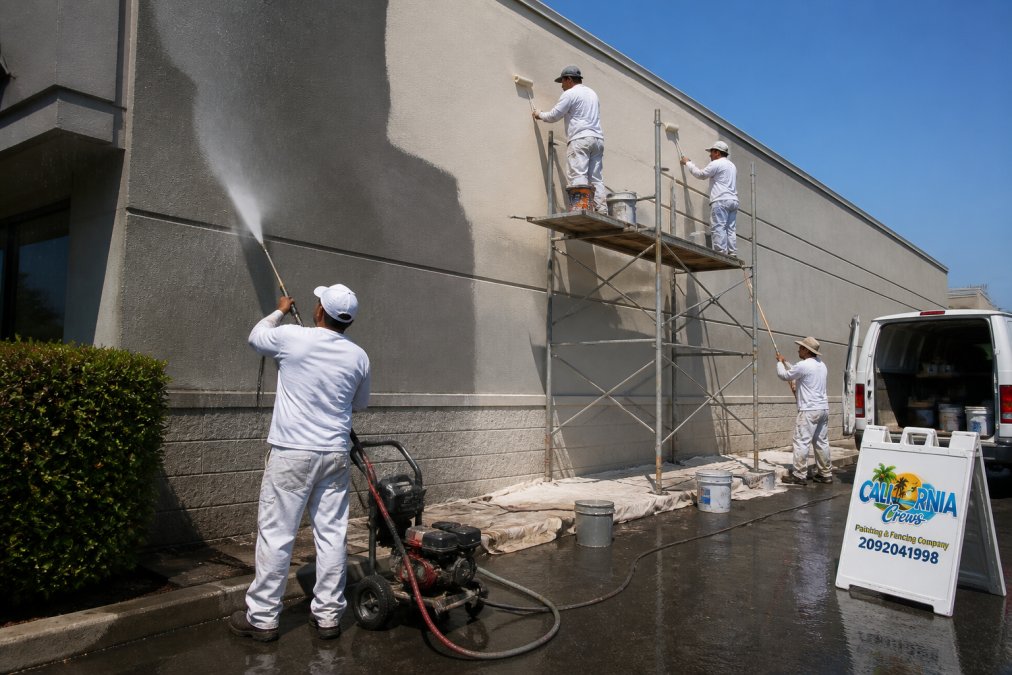 Professional painting crew applying exterior paint to a commercial building facade with power washing equipment and scaffolding visible