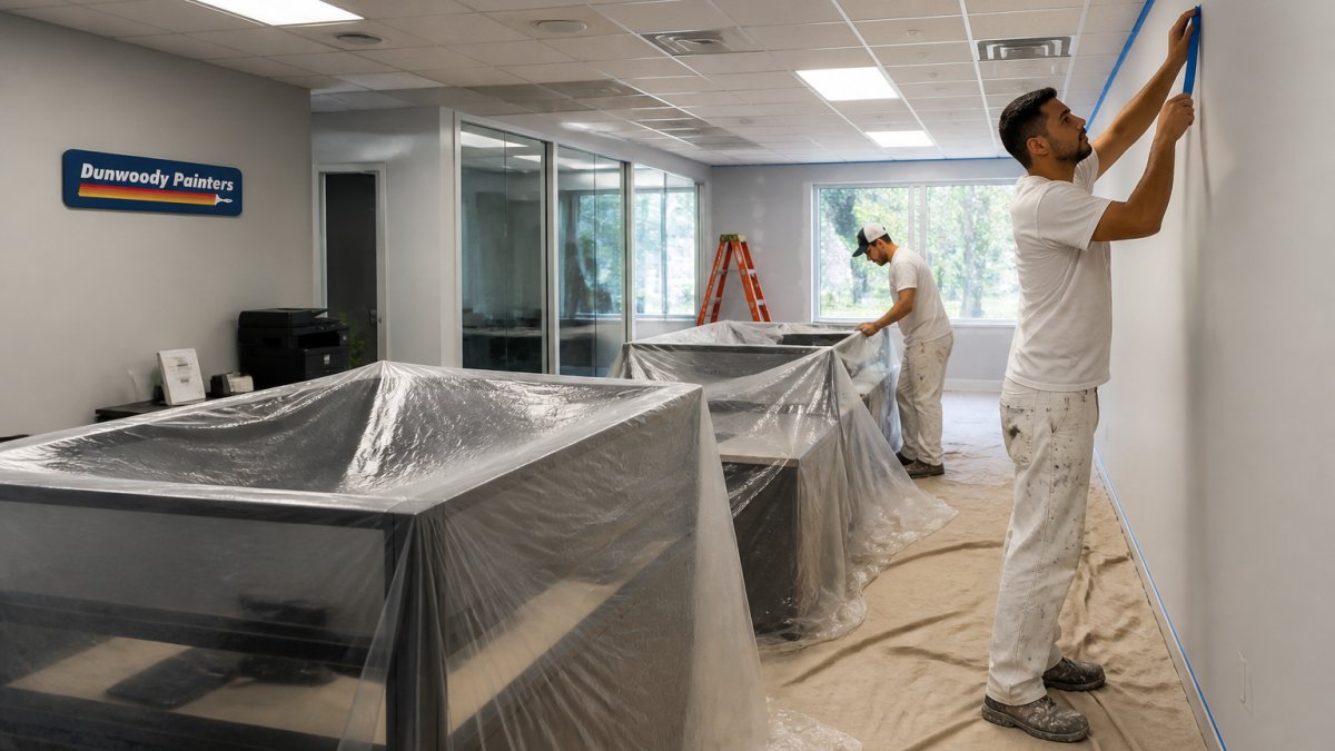 Professional painting crew carefully protecting office furniture and equipment with drop cloths and plastic sheeting while preparing walls for painting in modern office space