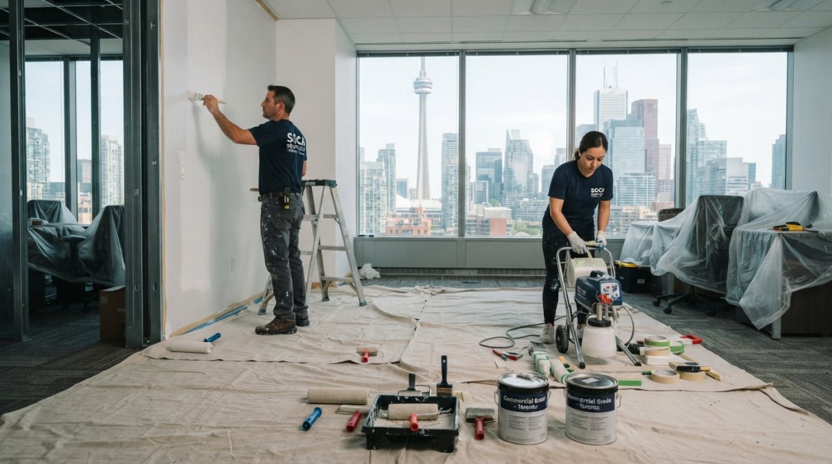 Professional painting crew in safety gear and protective equipment preparing exterior commercial building surfaces with drop cloths and staging