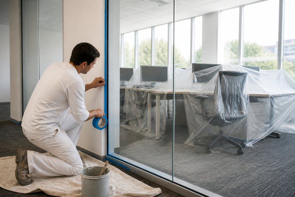 A commercial painter in clean white workwear masking the edges of a glass office partition with painter's tape, desks and monitors covered in protective plastic sheeting behind him, bright natural light through large windows
