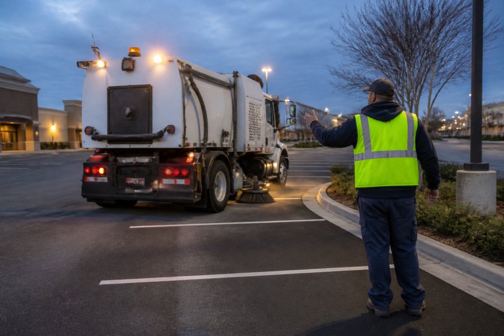 Commercial vacuum sweeper truck performing parking lot cleaning at a strip mall during dusk