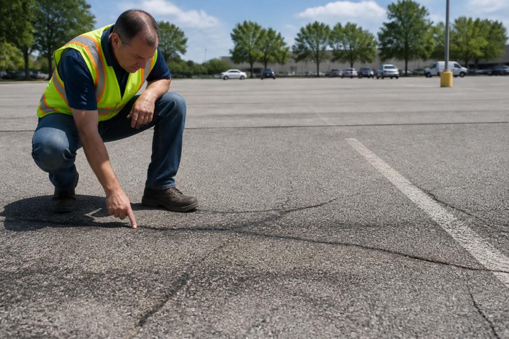 A facilities manager in a high-visibility safety vest crouching down to closely inspect a cracked asphalt surface in a large commercial parking lot under bright midday sunlight