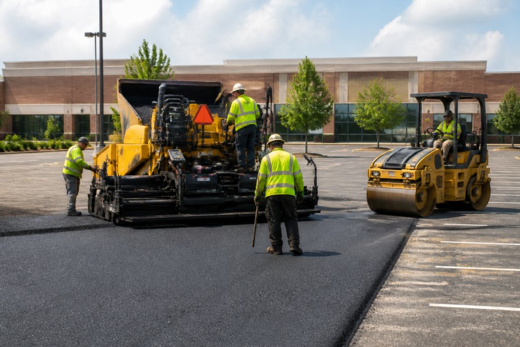 A paving crew in high-visibility vests operating an asphalt paver and roller on a commercial parking lot, with a partially completed fresh black surface and striped parking spaces visible in the background