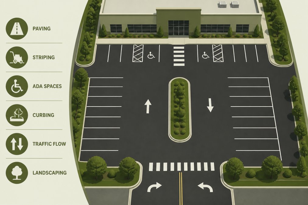 Aerial view of a freshly paved commercial parking lot with crisp white striping and organized parking spaces, showing professional installation with smooth asphalt surface and clear traffic flow markings
