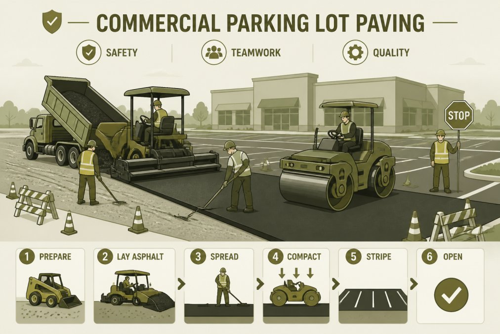 Professional construction crew working on commercial parking lot paving with heavy equipment, showing proper safety setup, compaction procedures, and team coordination on an active worksite