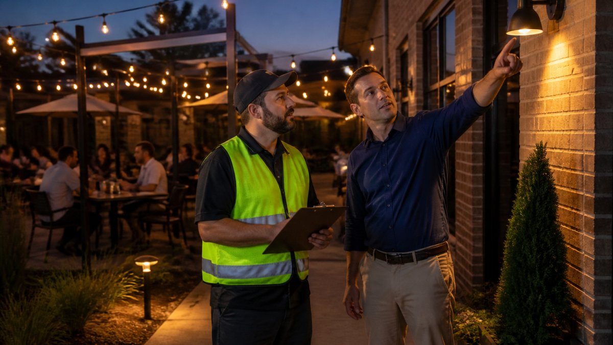 A commercial restaurant patio at dusk with warm low-voltage string lights and path lights glowing, a licensed electrician in a safety vest reviewing a clipboard with a business owner who is pointing at a wall-mounted fixture