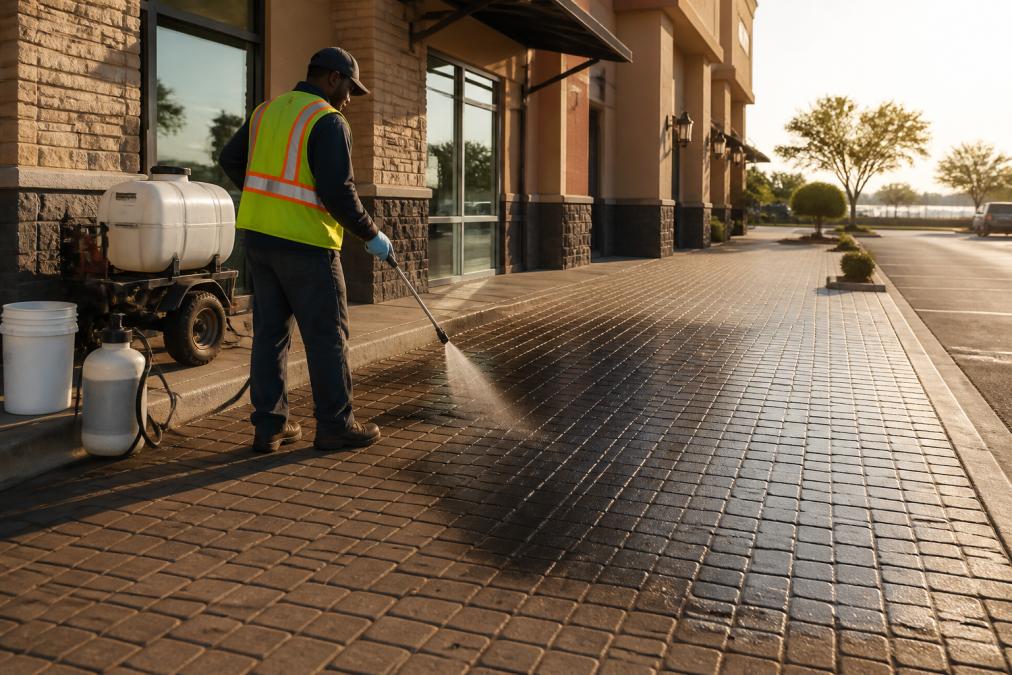 Professional contractor in safety vest and gloves using a sprayer to apply sealer across a wide commercial paver walkway outside a retail building, clean equipment lined up nearby, late afternoon sunlight
