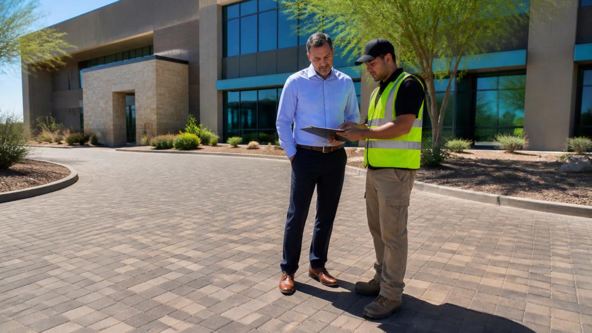 A commercial property manager and a paver sealing contractor in safety gear reviewing a clipboard while standing on a large, clean paved driveway outside a modern office building in Arizona