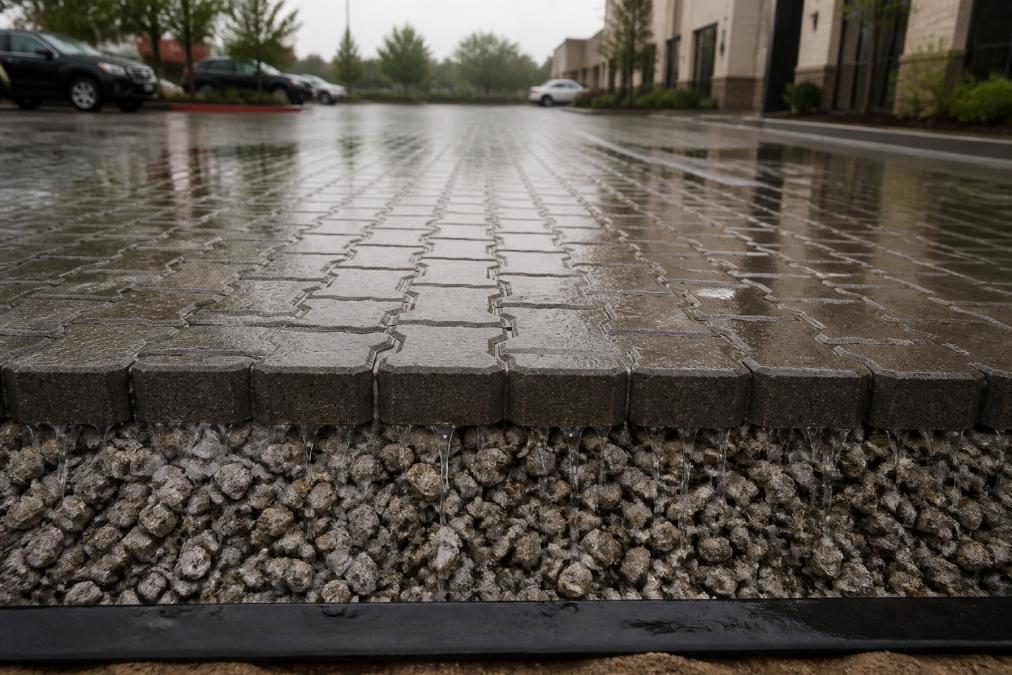 Commercial parking lot with permeable pavers installed, showing water draining through the porous surface during rainfall, with visible stone aggregate base and proper site grading