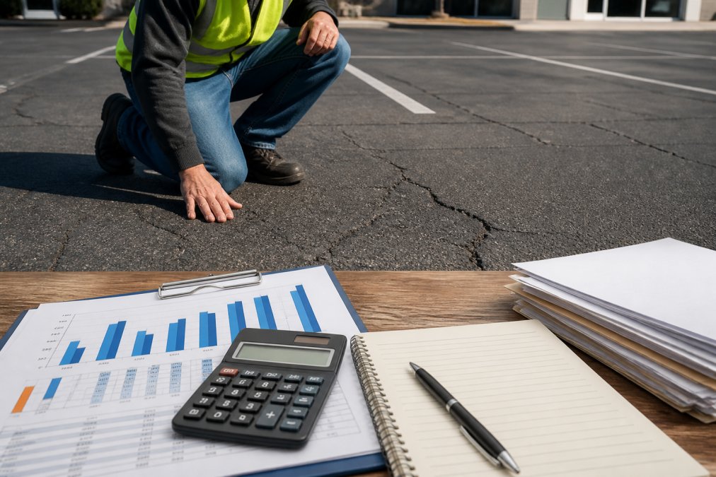 Facilities manager inspecting commercial parking lot surface for cracks and wear damage, checking pavement condition with hands, assessing maintenance needs in daylight