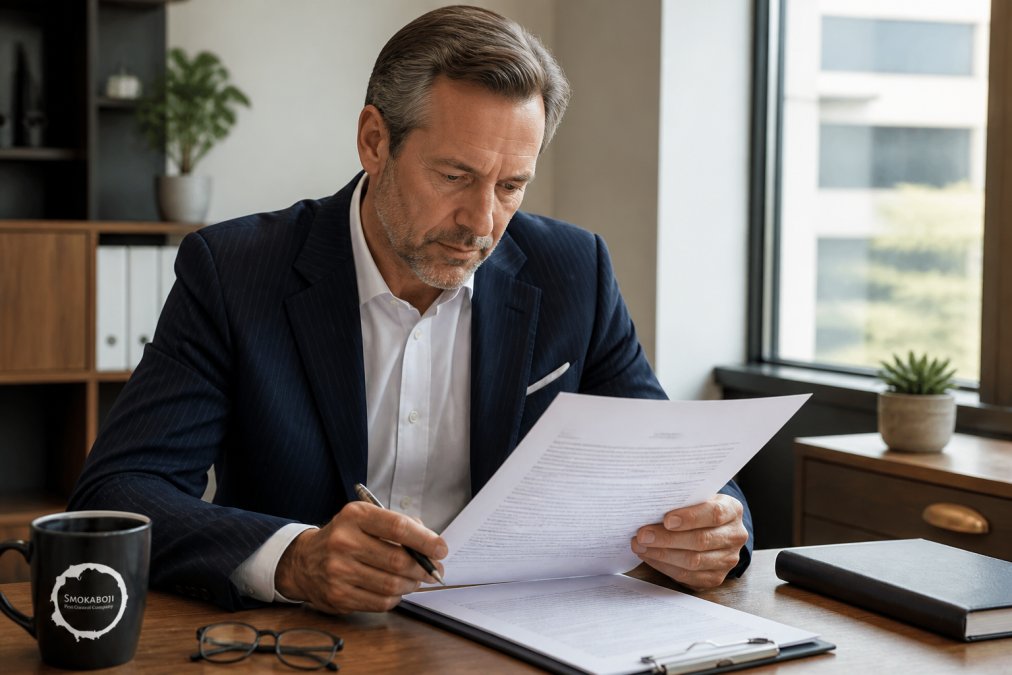 Business owner in professional attire reviewing a detailed pest control service agreement document at a wooden desk with reading glasses and pen, natural office lighting from window