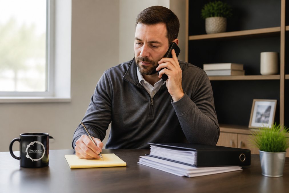 Professional in business casual attire on phone call in modern office, discussing contract cancellation terms with focused expression and notepad visible on desk